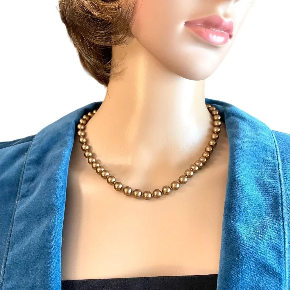 Monet Bronze Colored Faux Pearl Bead Necklace 16 to 18" w/ 8mm Beads Extender - Picture 1 of 9